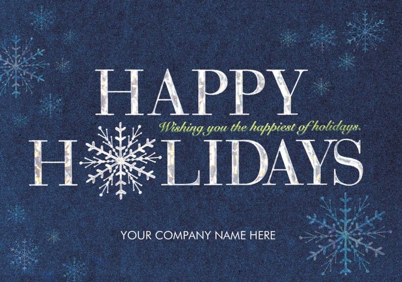 Happy Holidays card in silver foil with snowflakes on a navy ground, personalized with your company name